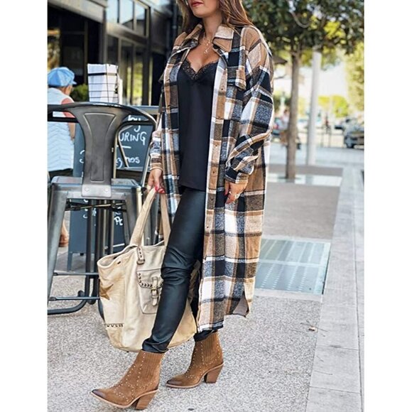CASUAL Khaki Plaid Button Down Long Puff Sleeve Trench Coat Jacket Shacket Wool - Picture 1 of 10